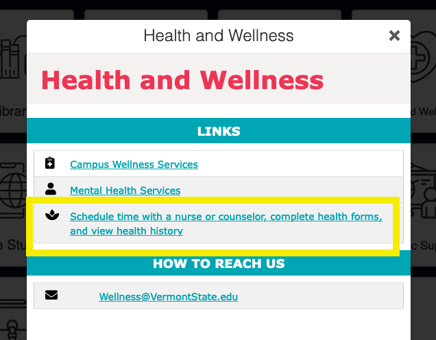 Screenshot of the link to log in to PyraMED that reads "Schedule time with a nurse or counselor, complete health forms, and view health history".